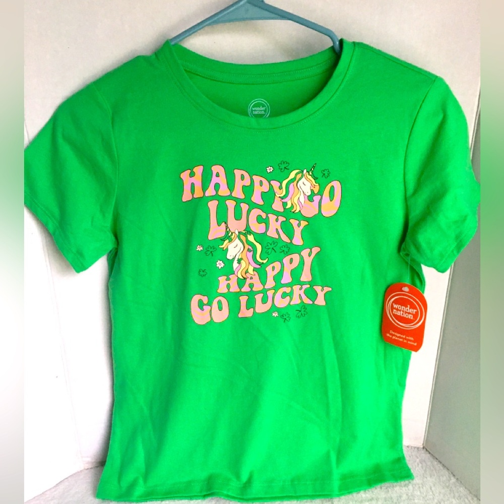 Girls “Happy Go Lucky” Unicorn Green Shirt NWT